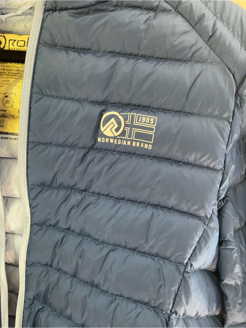 Rokk Norwegian Norway Men's Down hooded Puffer Jacket Navy Blue 21”x26” unisex - Picture 4 of 10